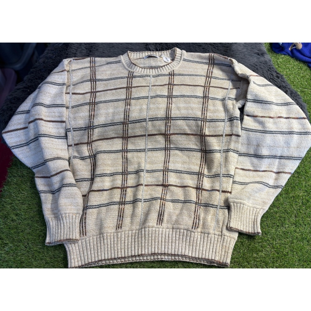 Ashley Knit Men's Beige Plaid Pattern Cotton Blend Sweater Medium Casual